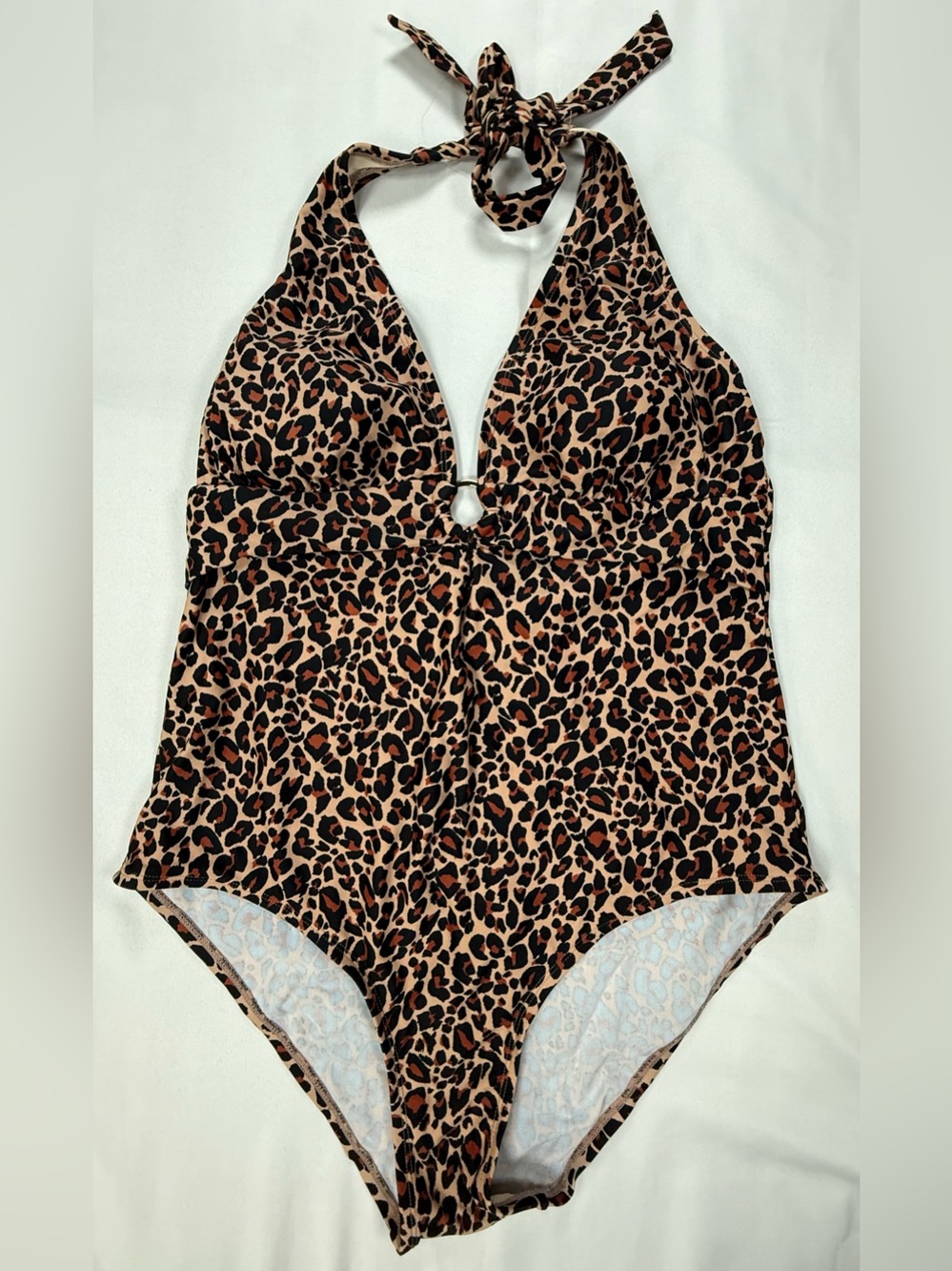 Kona Sol Leopard Print Halter One-Piece Swimsuit - Tan, Black, Brown